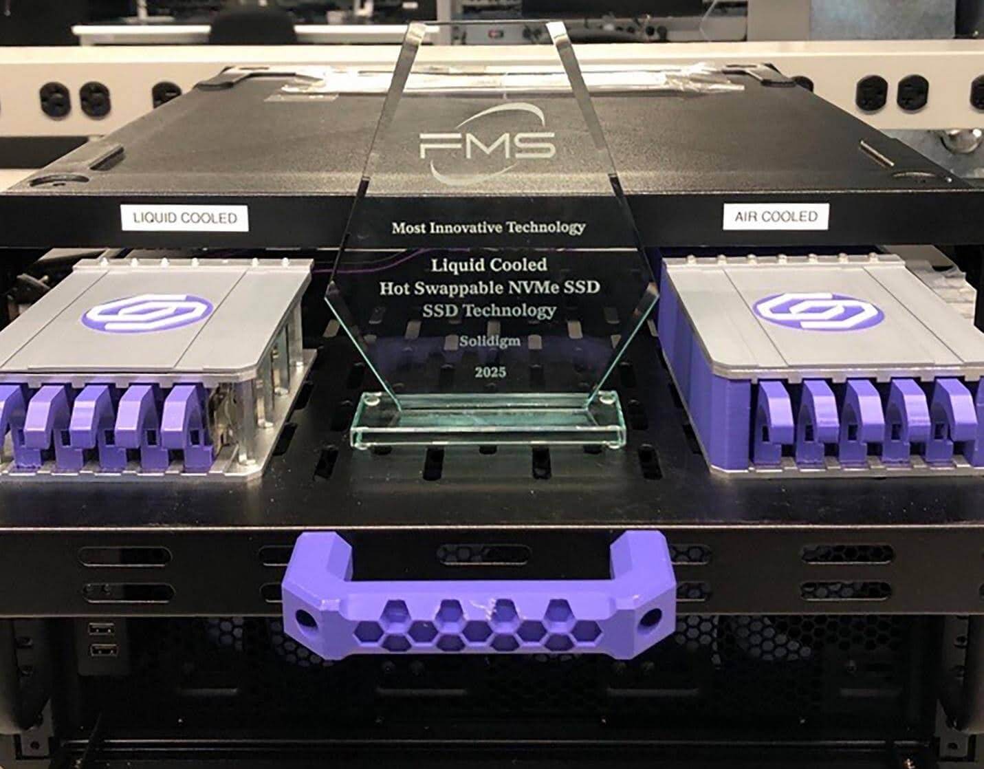 Photo of Solidigm liquid-cooled and air-cooled hot-swappable NVMe SSD trays with an FMS 2025 Most Innovative Technology award