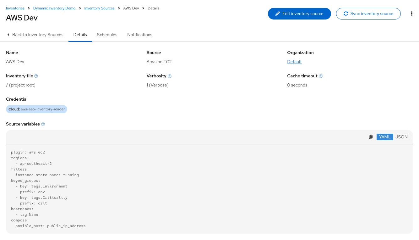 AAP add inventory source screen, Amazon EC2 selected, source_vars filled