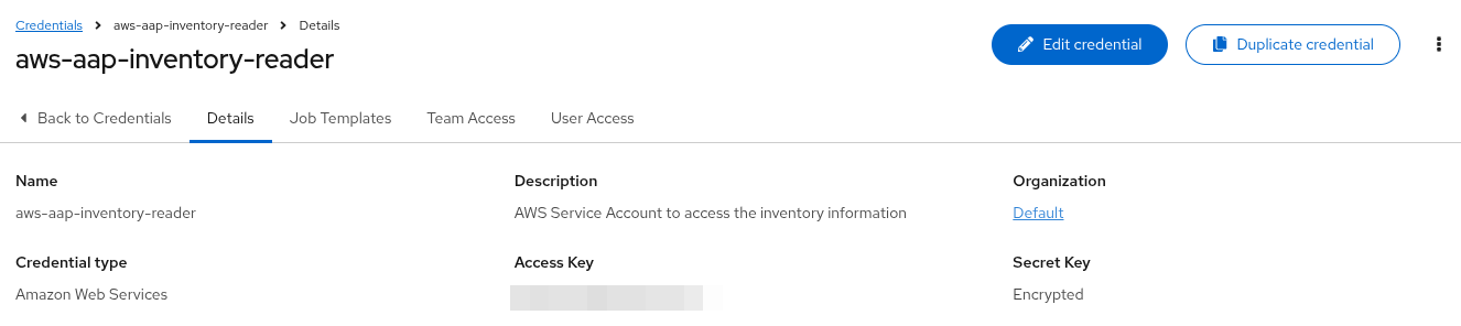 AAP credential type screen with Amazon Web Services selected